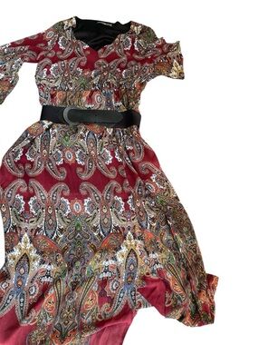 Asymmetrical Burgundy Paisley Belted Dress